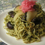 洋梨と花豆の春菊焼きそば